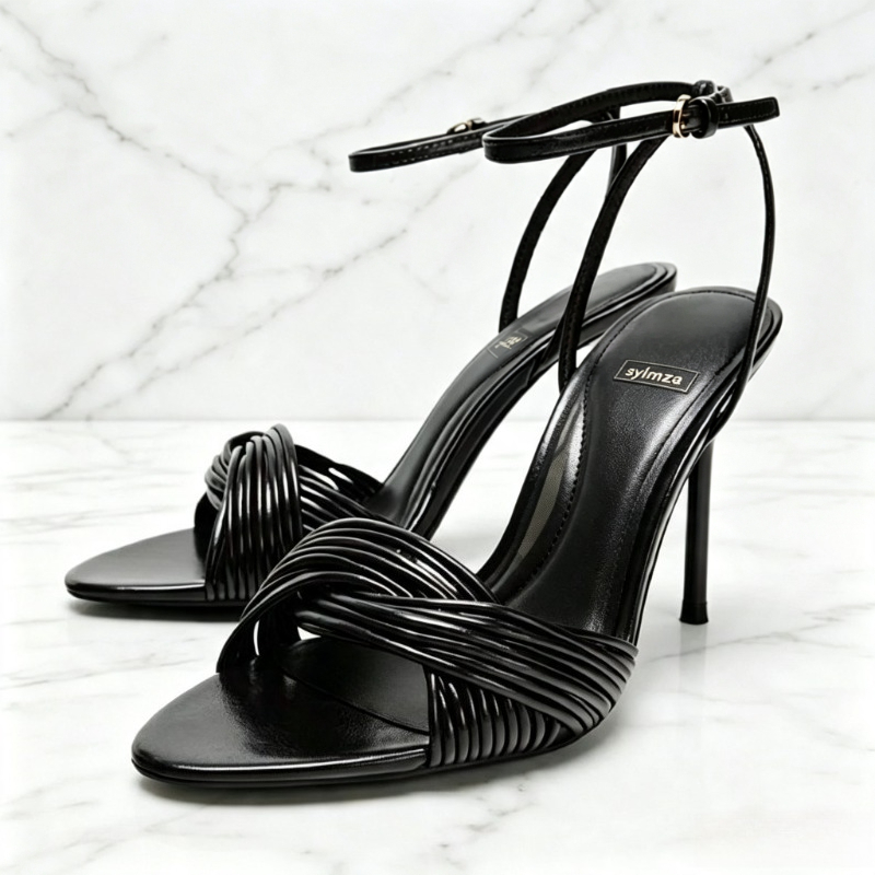 Women Shoes Brand - รองเท้าส้นเข็มแบบรัดข้อเท้าเปิดนิ้วเท้าประดับหัวเข็มขัดโลหะ ดีไซน์หรูหรา แบรนด์ดีไซเนอร์ สำหรับผู้หญิง สไตล์แฟชั่นครอสโอเวอร์