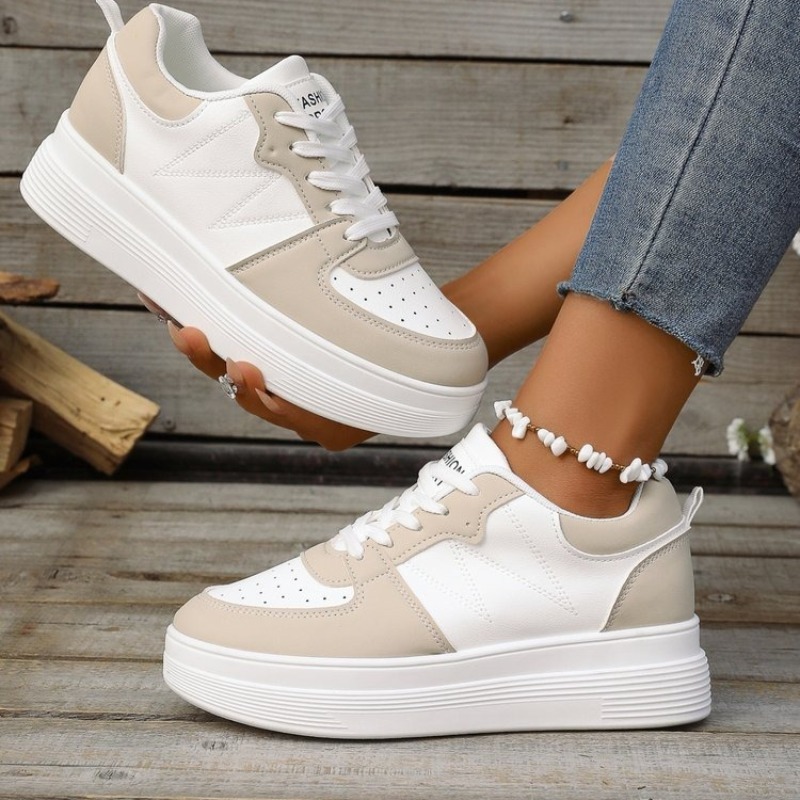 Platform Sneakers Chunky - รองเท้าผ้าใบส้นตึกทรงกลมสำหรับผู้หญิง แบบผูกเชือก ดีไซน์เรียบง่าย ระบายอากาศได้ดี เหมาะสำหรับใส่เดินเล่นกลางแจ้งทุกวัน