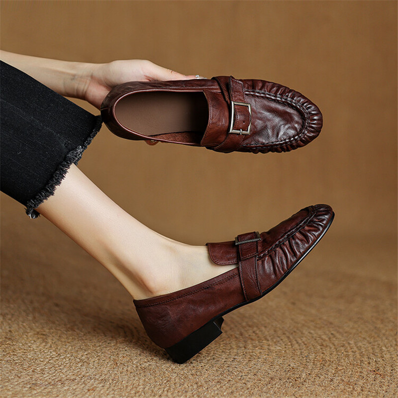 Women'S Shoes Popular - รองเท้าส้นเตี้ยสำหรับผู้หญิง, ใหม่ฤดูใบไม้ร่วงรองเท้าหนังแท้สตรีรองเท้าบูทหุ้มข้อจีบรอบส้นหนารองเท้าโลฟเฟอร์ผู้หญิง
