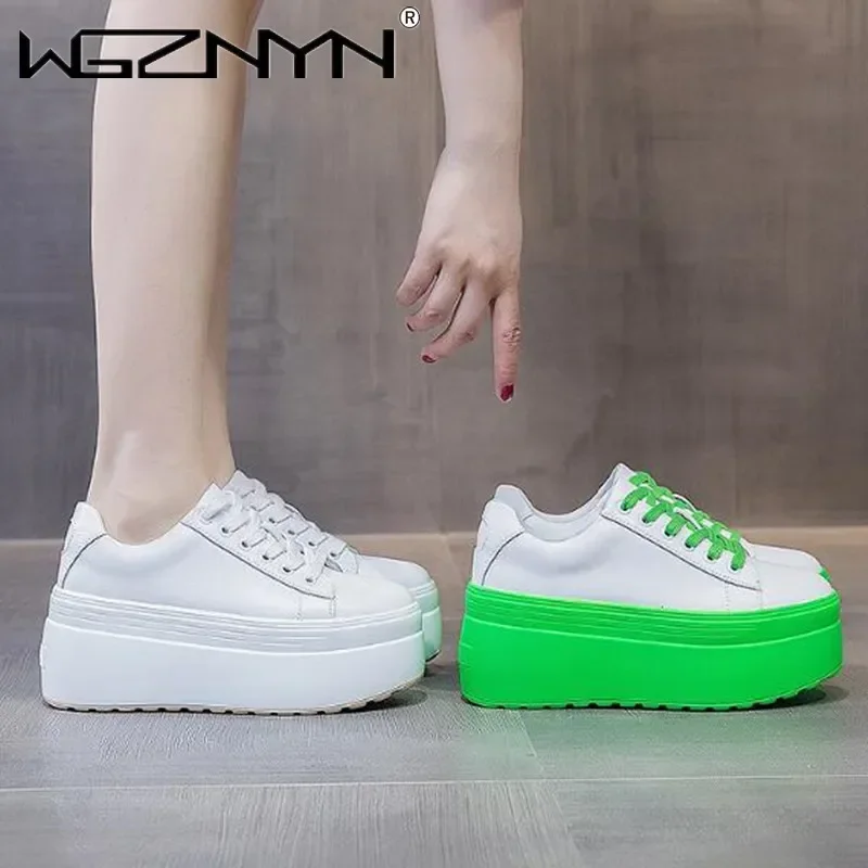 Platform Sneakers Chunky - รองเท้าลำลองผู้หญิงหนังแท้สุดหรูสำหรับฤดูใบไม้ร่วง พื้นหนาพิเศษ 8 ซม. รองเท้าผ้าใบแบบสวม สไตล์หนา