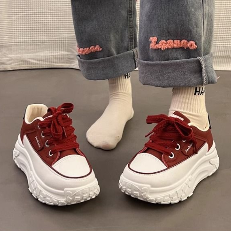 รองเท้าผ้าใบสีขาวทรง Chunky สไ - Platform Sneakers Chunky บทวิจารณ์และราคา